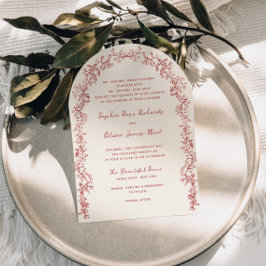 Invitación Boda floral vintage escarlata rústica con arco