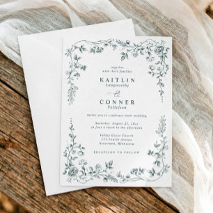 Invitación Boda Floral Vintage Esmeralda Verde Francesa
