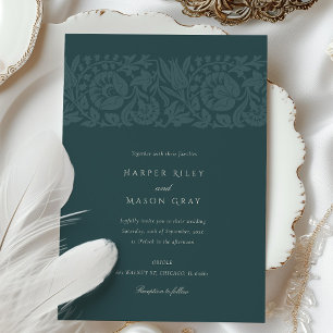 Invitación Boda floral vintage esmeralda verde y azul turques