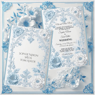Invitación Boda Floral Vintage Francés Campo Azul Blanco  