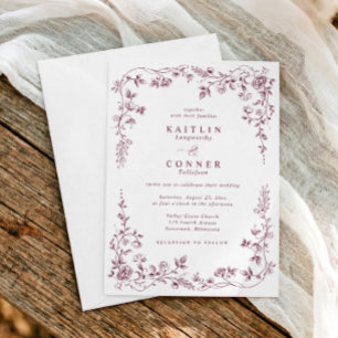 Invitación Boda Floral Vintage Francesa Rojo Vino Oscuro