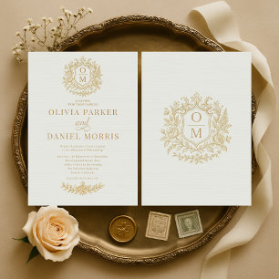Invitación Boda Floral Vintage Francesa Verde Salvia Dorado