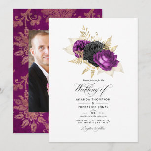 Invitación Boda floral vintage negra y púrpura