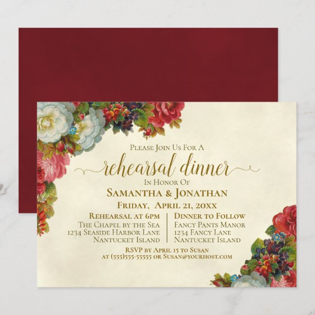 Invitación Boda floral vintage otoño ensayo cena (Anverso / Reverso)