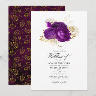 Invitación Boda Floral Vintage Púrpura y Dorado
