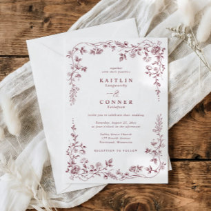 Invitación Boda floral vintage rojo borgoña francés