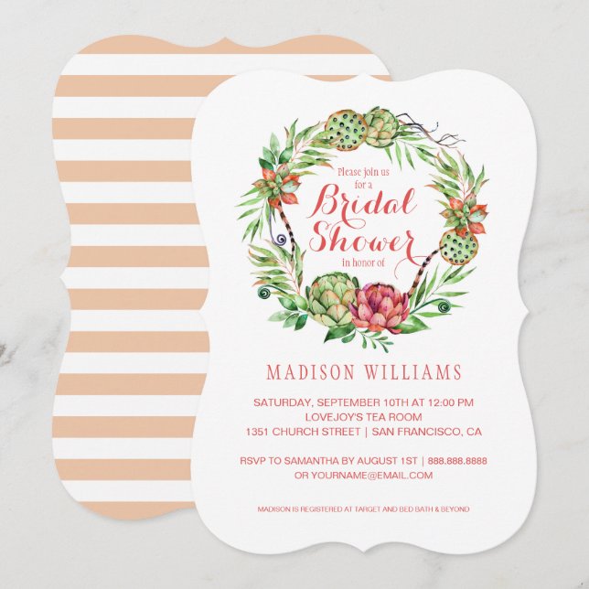 Invitación Boda Floral Vintage Suculento | Bridal Shower (Anverso / Reverso)