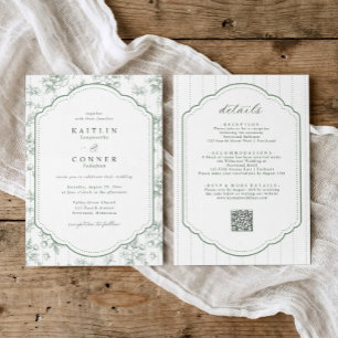 Invitación Boda Floral Vintage Toile Todo en Uno Verde Salvia