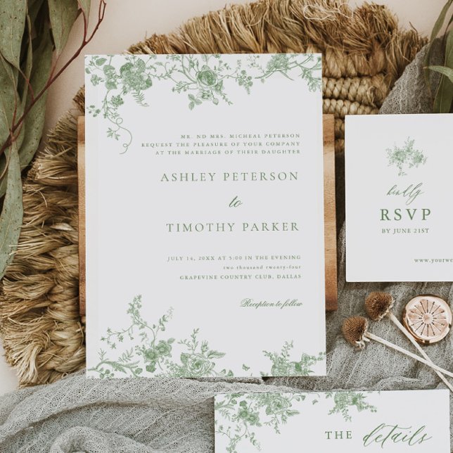 Invitación Boda Floral Vintage Toile Verde Sage (Subido por el creador)