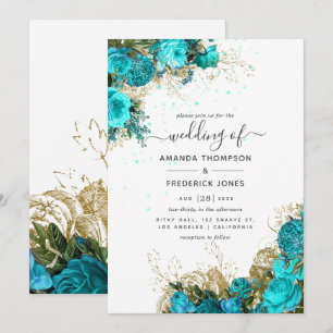 Invitación Boda Floral Vintage Turquesa y Oro