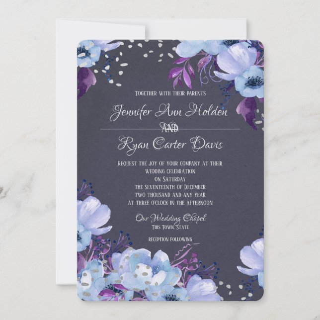 Invitación Boda floral violeta azul (Anverso)