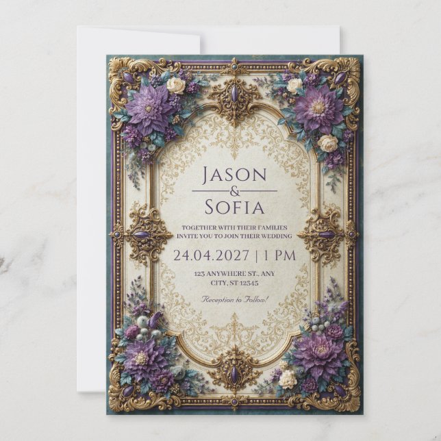 Invitación Boda Floral Violeta Dorada (Anverso)