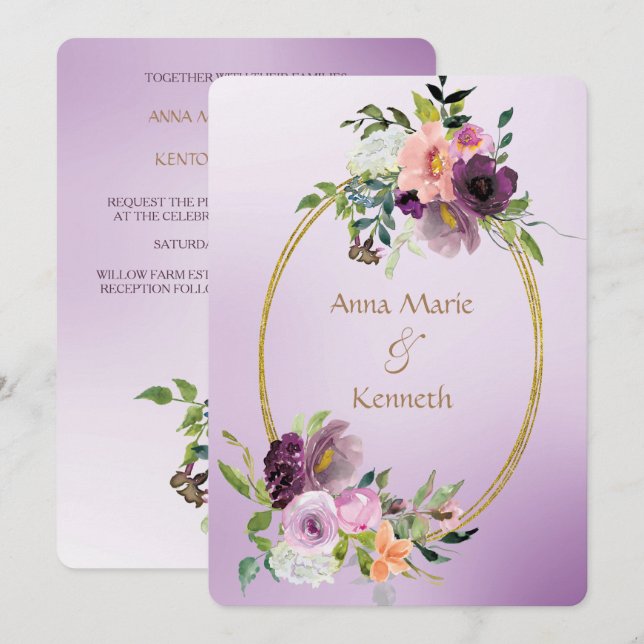 Invitación Boda floral violeta dorada de marco doble (Anverso / Reverso)