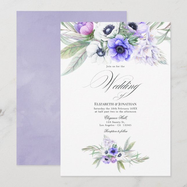 Invitación Boda floral violeta pastel (Anverso / Reverso)