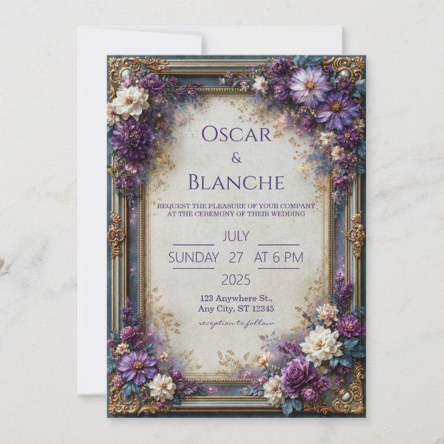 Invitación Boda floral violeta polvorienta (Anverso)