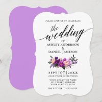 Boda Floral violeta púrpura con guión de caligrafí