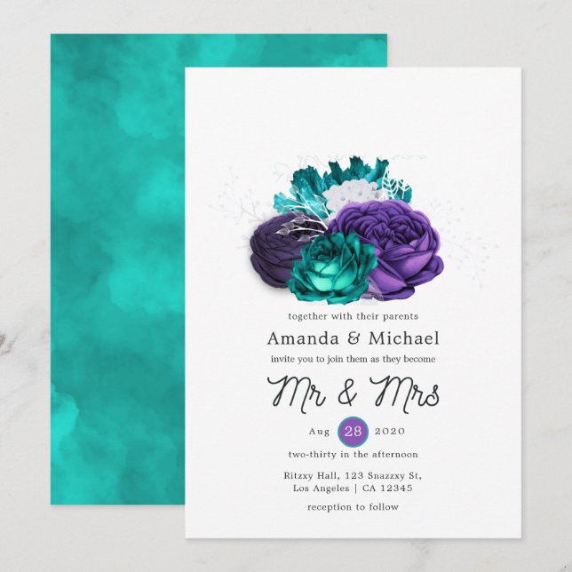 Invitación Boda floral violeta y turquesa rusa (Anverso / Reverso)