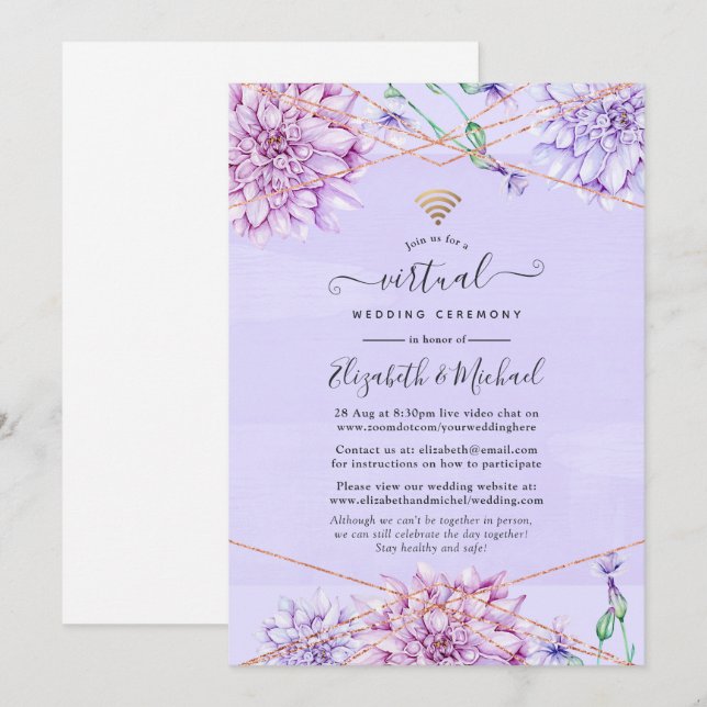 Invitación Boda floral virtual de lavanda y oro rosa (Anverso / Reverso)