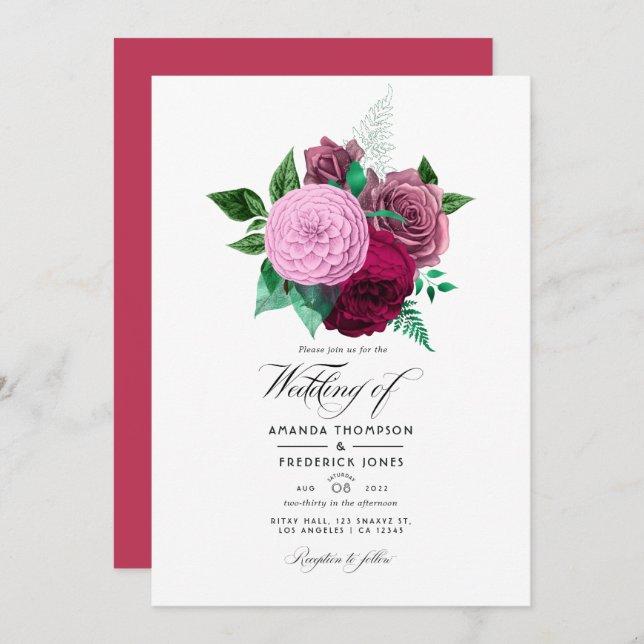 Invitación Boda floral Viva Magenta (Anverso / Reverso)