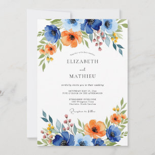 Invitación Boda floral vívida azul naranja