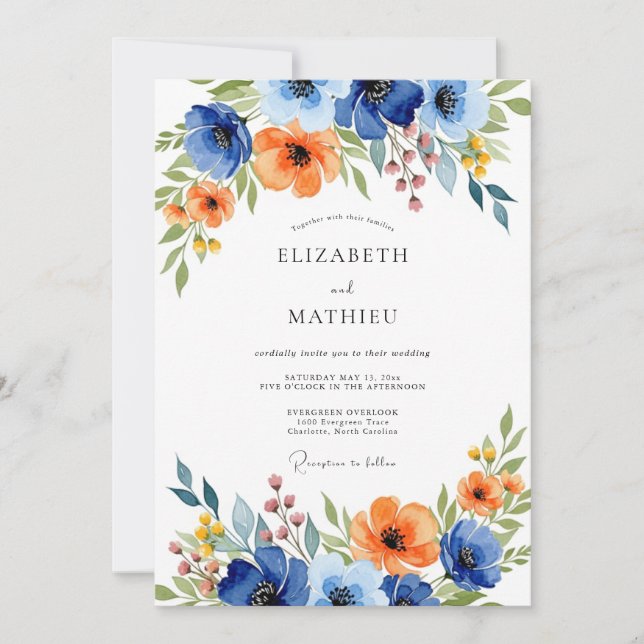 Invitación Boda floral vívida azul naranja (Anverso)