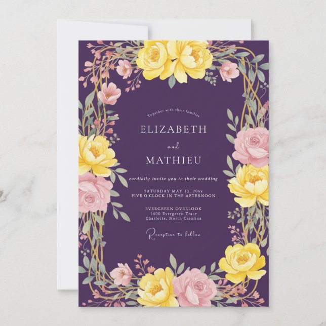 Invitación Boda floral vívida de Deep Purple (Anverso)