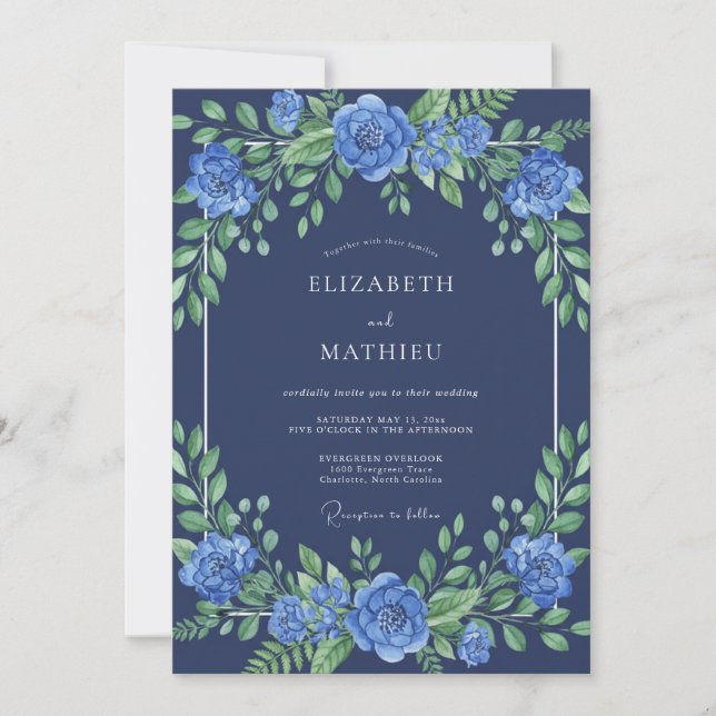 Invitación Boda floral vívida índigo (Anverso)