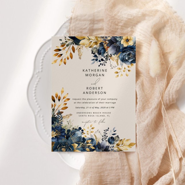 Invitación Boda floral Watercolor Midnight Blue Gold (Subido por el creador)