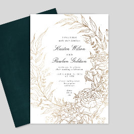 Invitación Boda Floral Wreath White Black Emerald Gold