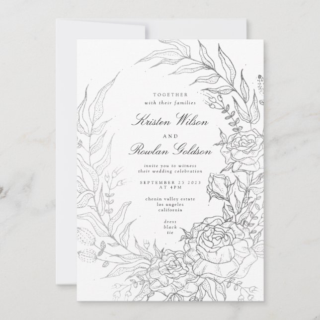 Invitación Boda Floral Wreath White Black Silver (Anverso)