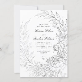 Invitación Boda Floral Wreath White Black Silver