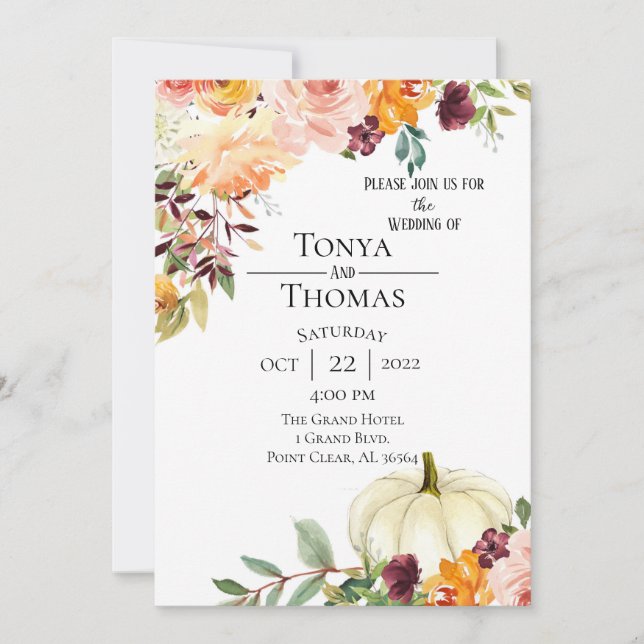 Invitación Boda Floral y calabaza de otoño (Anverso)