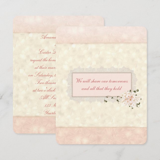 Invitación Boda Floral y de Encaje de Melocotón (Anverso / Reverso)