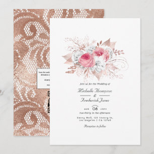 Invitación Boda floral y de encaje en rosa y dorado con códig