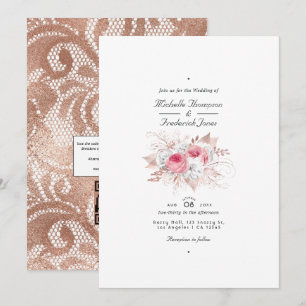 Invitación Boda floral y de encaje rosa y dorado rosa