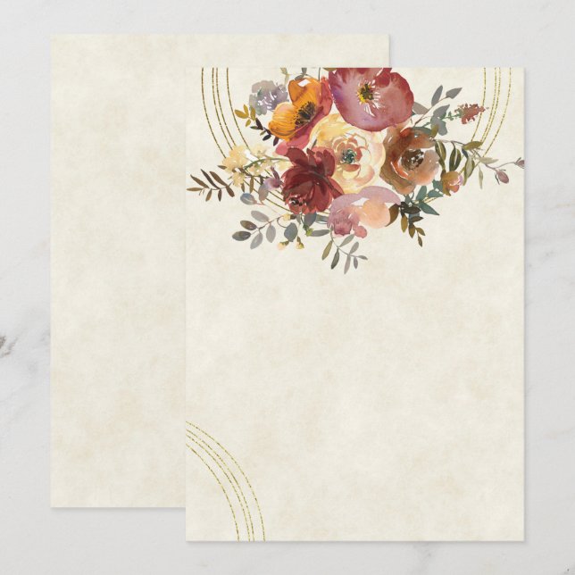 Invitación Boda floral y en blanco de oro de otoño (Anverso / Reverso)