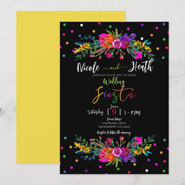 Invitación Boda Floral y Fiesta Negra Brillante y Moderno (Anverso / Reverso)