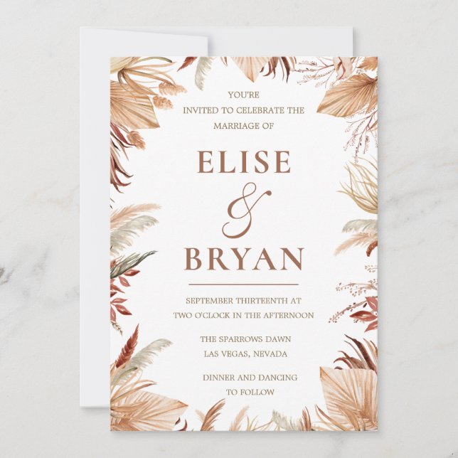 Invitación Boda floral y hojas secas bohemias modernas (Anverso)