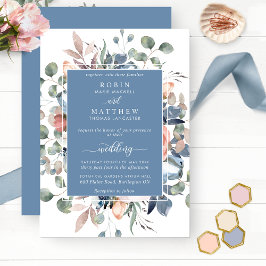 Invitación Boda floral y verde azul turbio