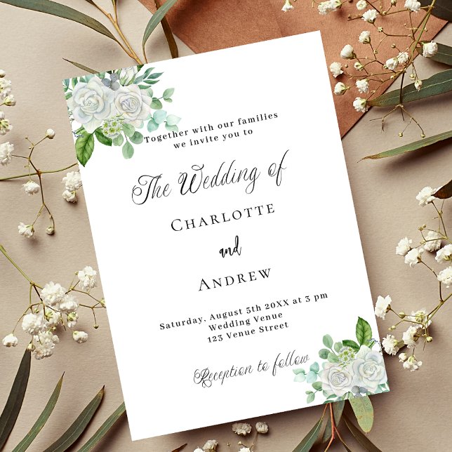Invitación Boda florales blancas verde simple elegante (Subido por el creador)