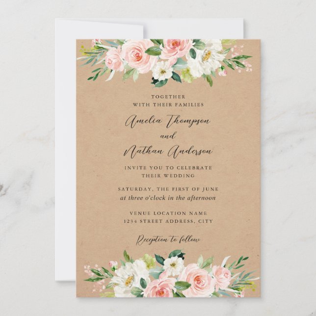 Invitación Boda Florales Botánicos Rosa Rústico Campestre (Anverso)