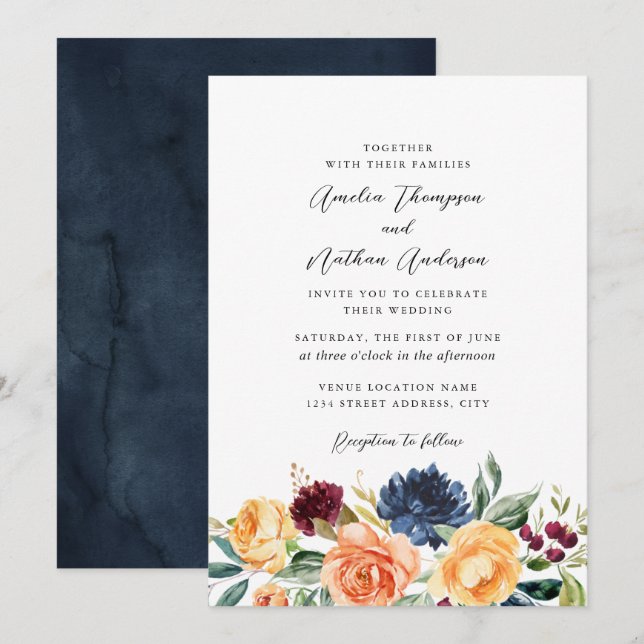 Invitación Boda Florales Botánicos Rústicos Acuarela (Anverso / Reverso)