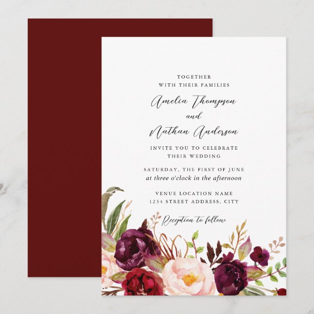 Invitación Boda Florales Botánicos Rústicos de Borgoña (Anverso / Reverso)