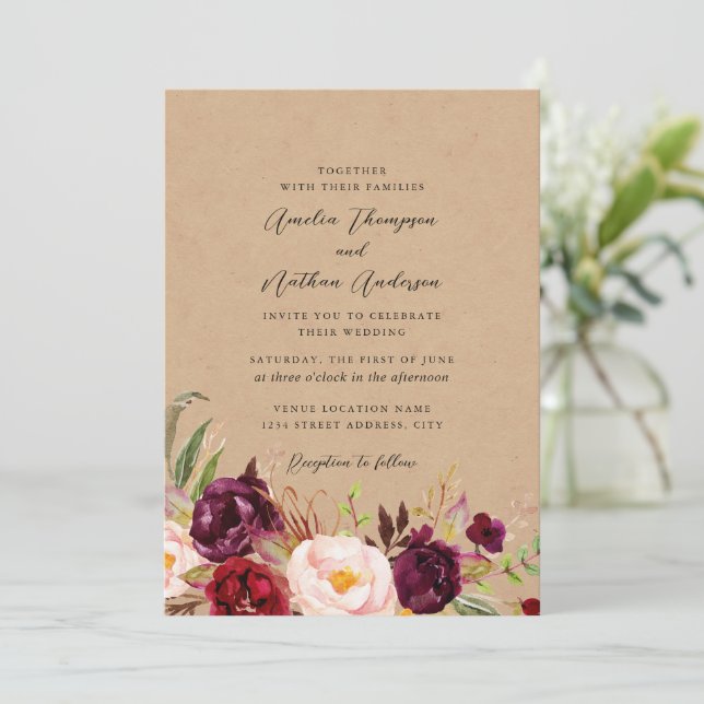 Invitación Boda Florales Botánicos Rústicos de Borgoña (Anverso de pie)