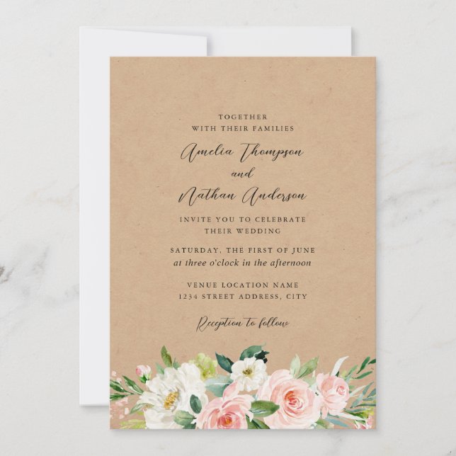 Invitación Boda Florales Botánicos Rústicos de Campo Rosa (Anverso)