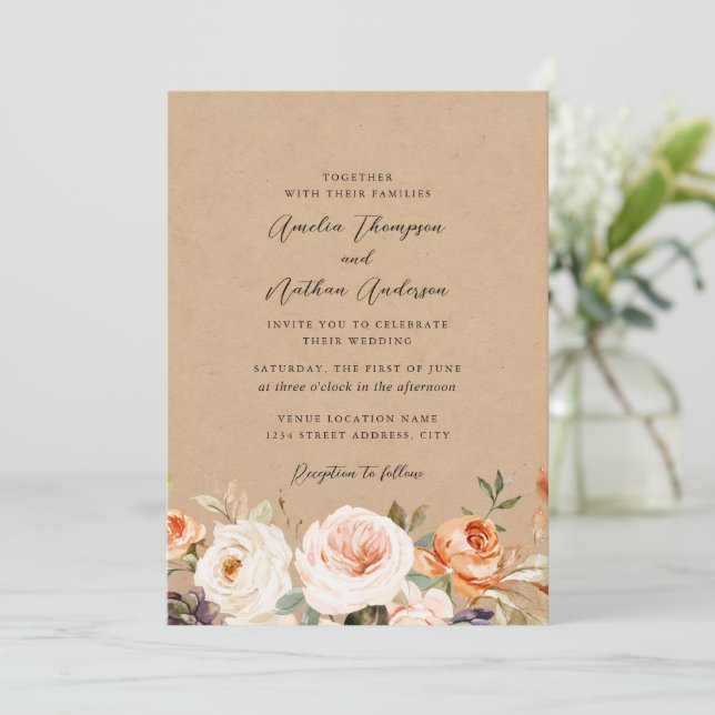 Invitación Boda Florales Botánicos Rústicos de Naranja Quemad (Anverso de pie)