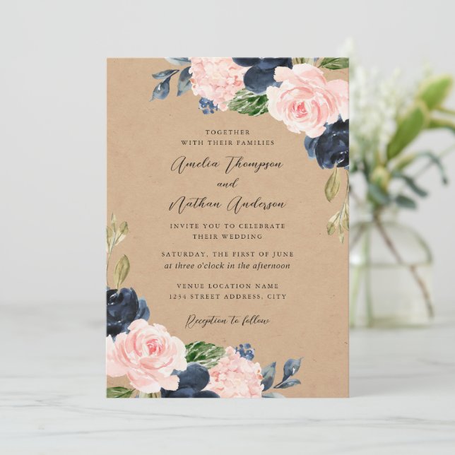 Invitación Boda Florales Botánicos Rústicos Marina Rosa (Anverso de pie)