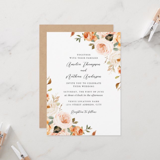 Invitación Boda Florales Botánicos Rústicos Melocotón Rubor (Anverso/Reverso In Situ)
