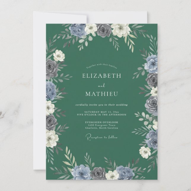 Invitación Boda Floreada Azul Verde (Anverso)