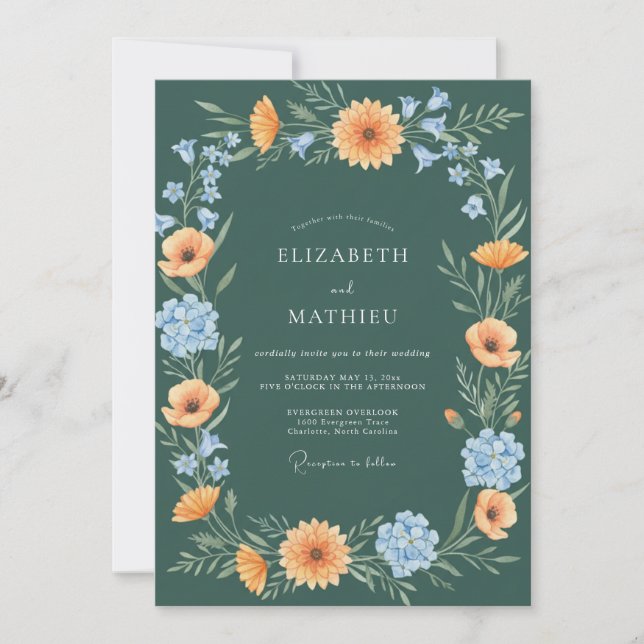 Invitación Boda Floreada con Arco Floral Verde Profundo (Anverso)